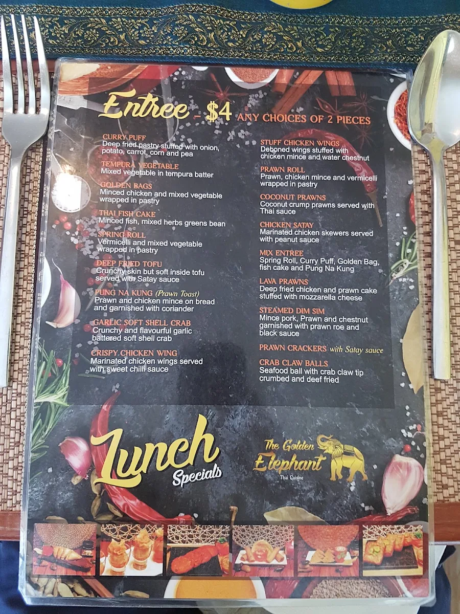 Menu, The Golden Elephant Thai Cuisine
