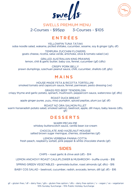 Menu, Swells Terrigal
