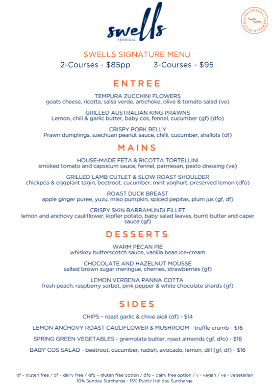 Menu, Swells Terrigal