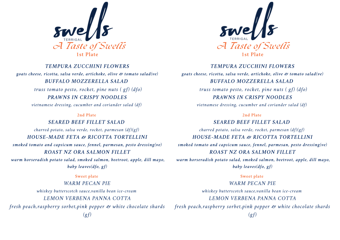 Menu, Swells Terrigal