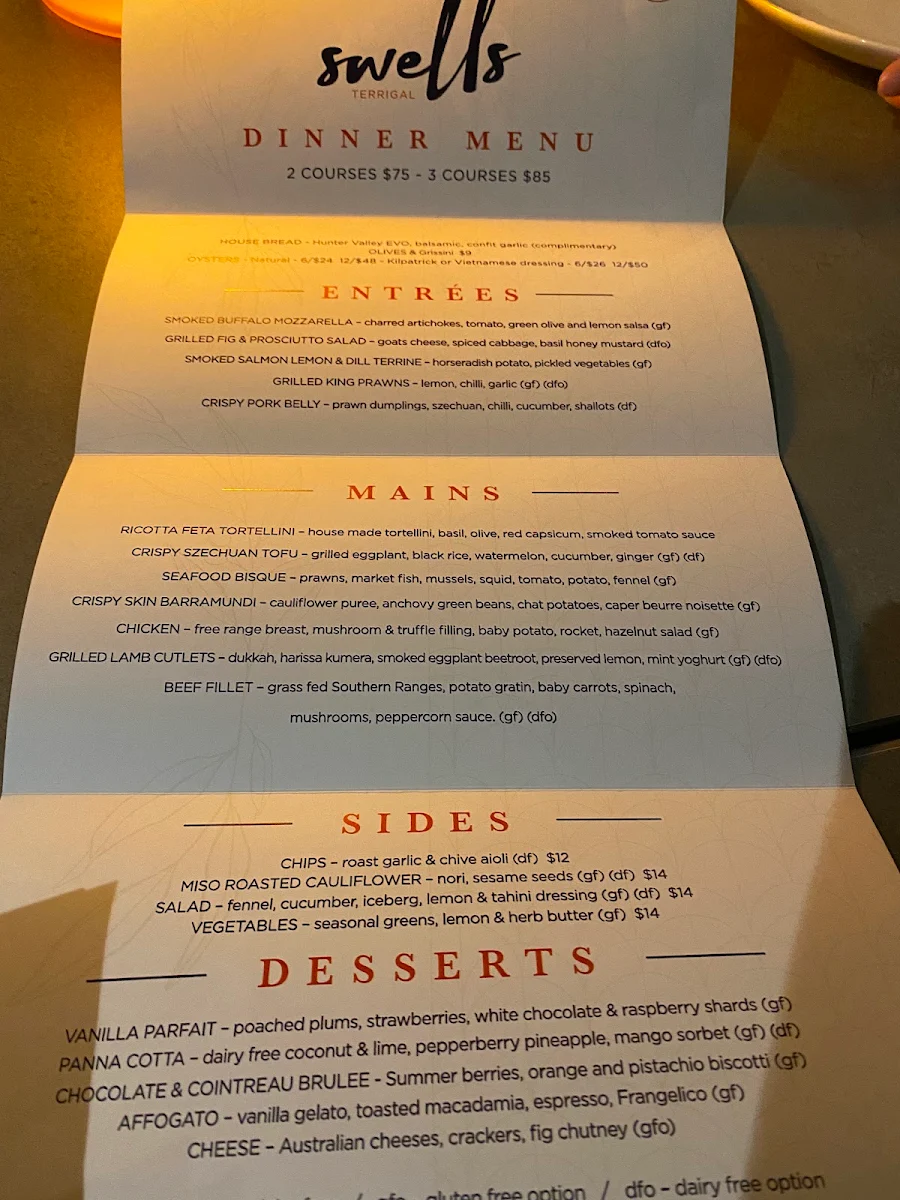 Menu, Swells Terrigal