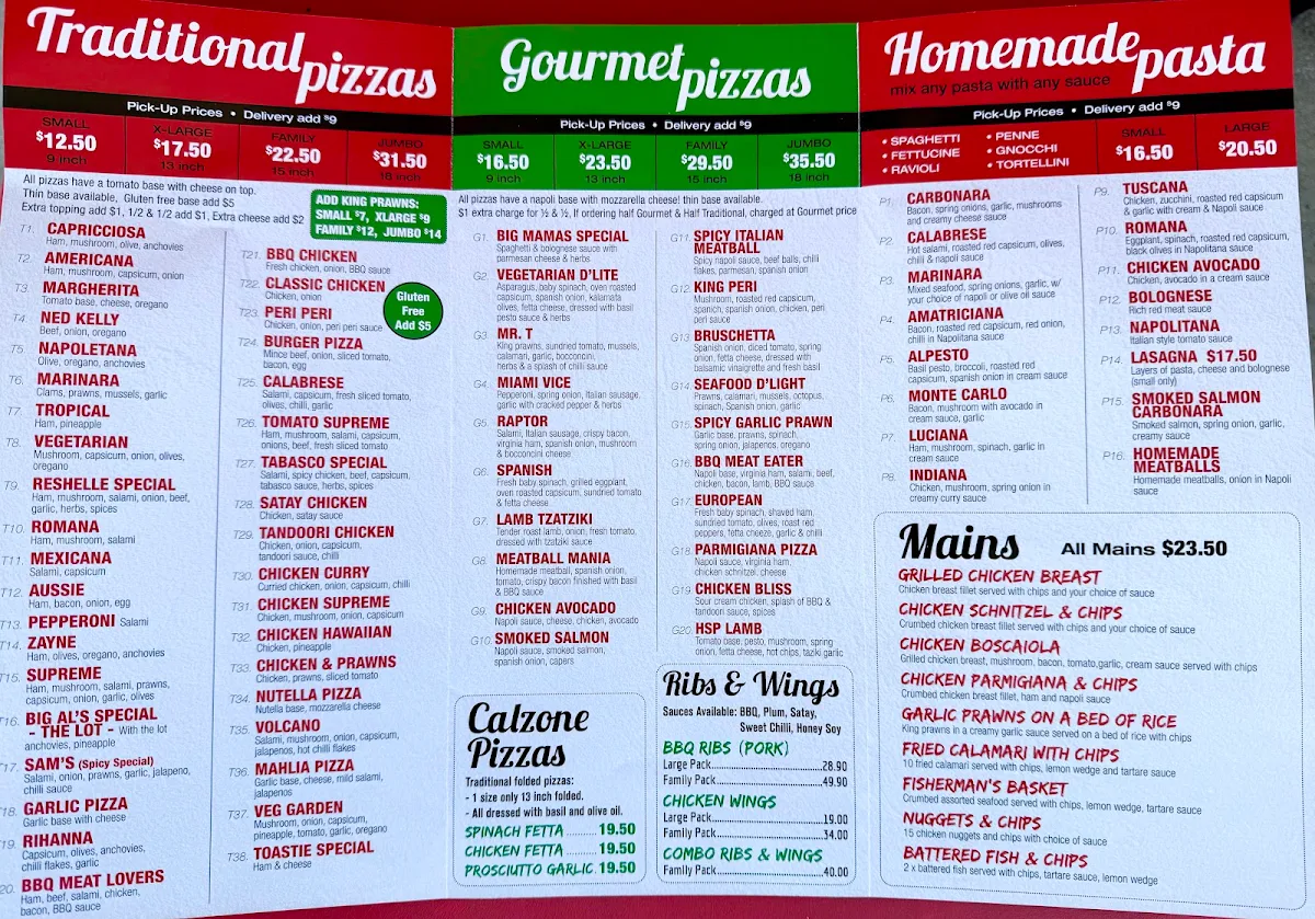 Menu, Big Al's Pizza - Carrum Downs