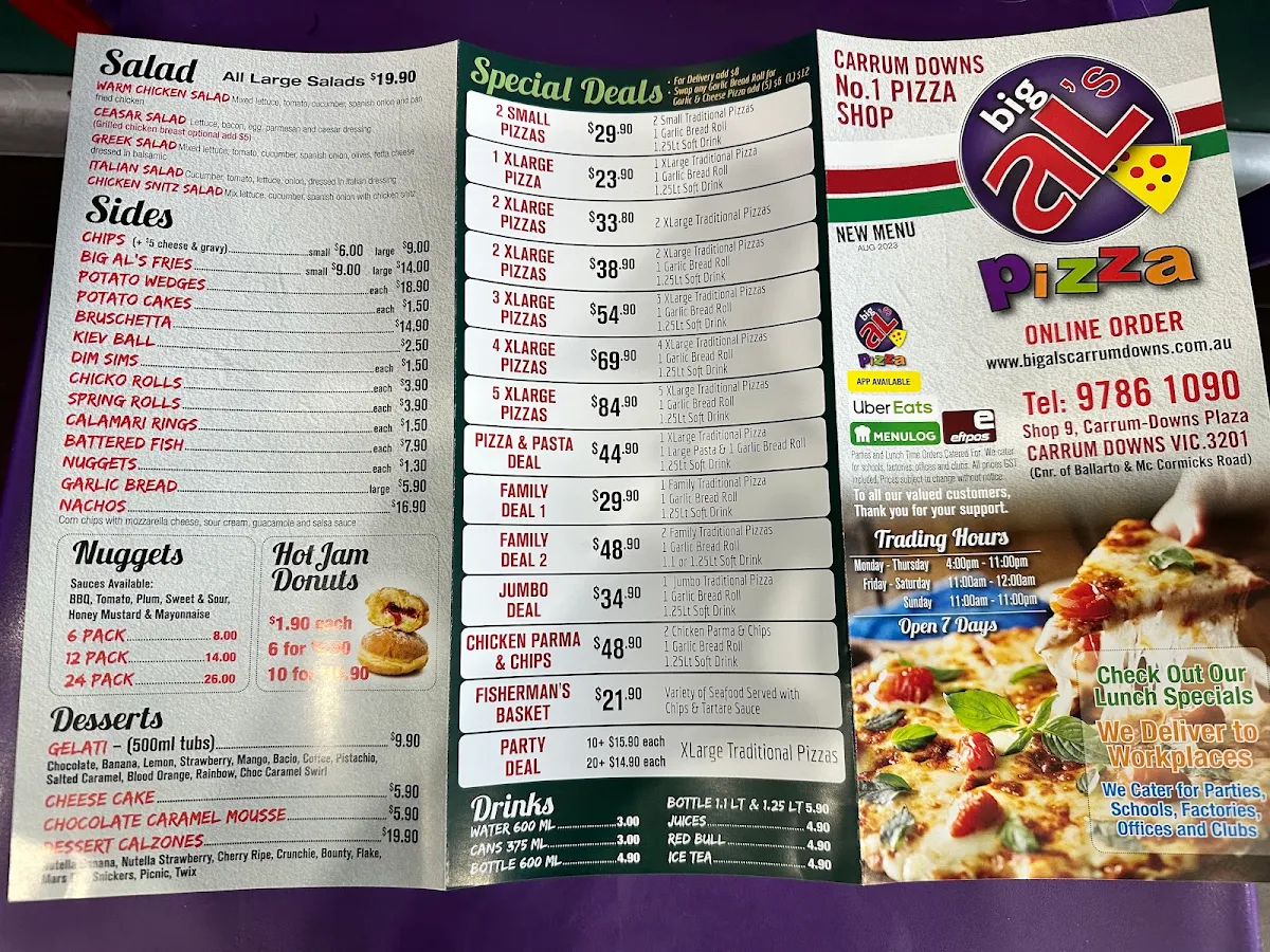 Menu, Big Al's Pizza - Carrum Downs