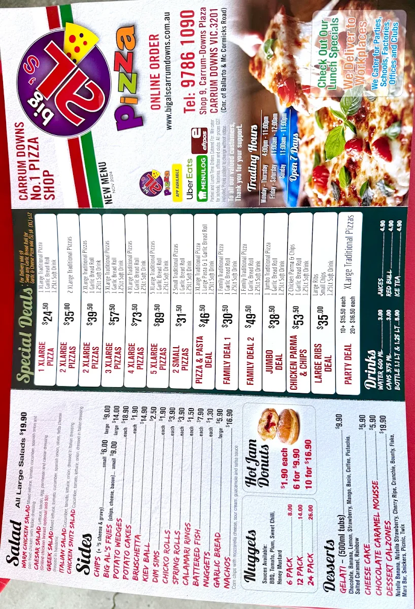 Menu, Big Al's Pizza - Carrum Downs