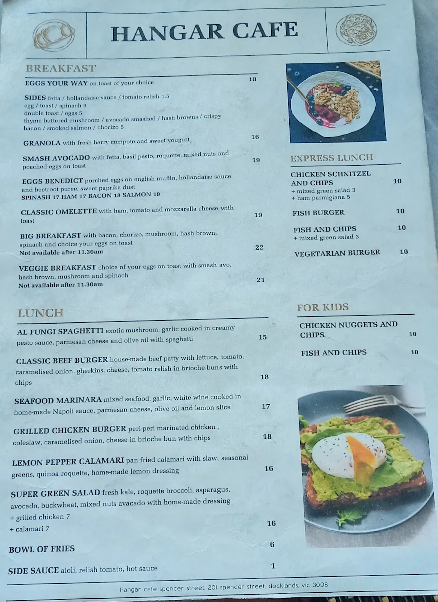 Menu, Hangar Cafe Restaurant