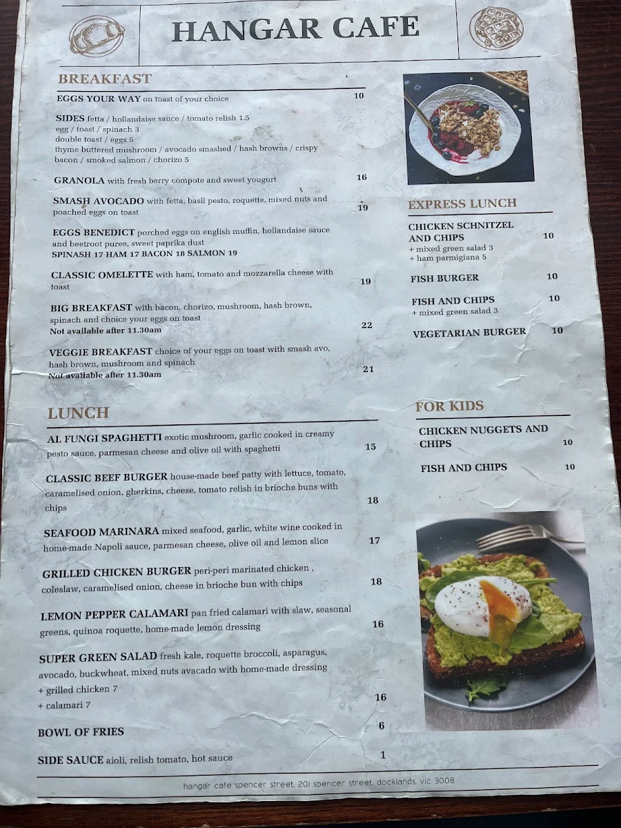 Menu, Hangar Cafe Restaurant