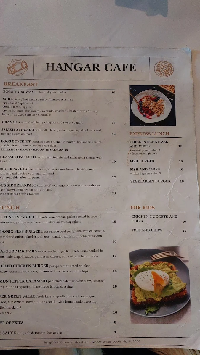 Menu, Hangar Cafe Restaurant