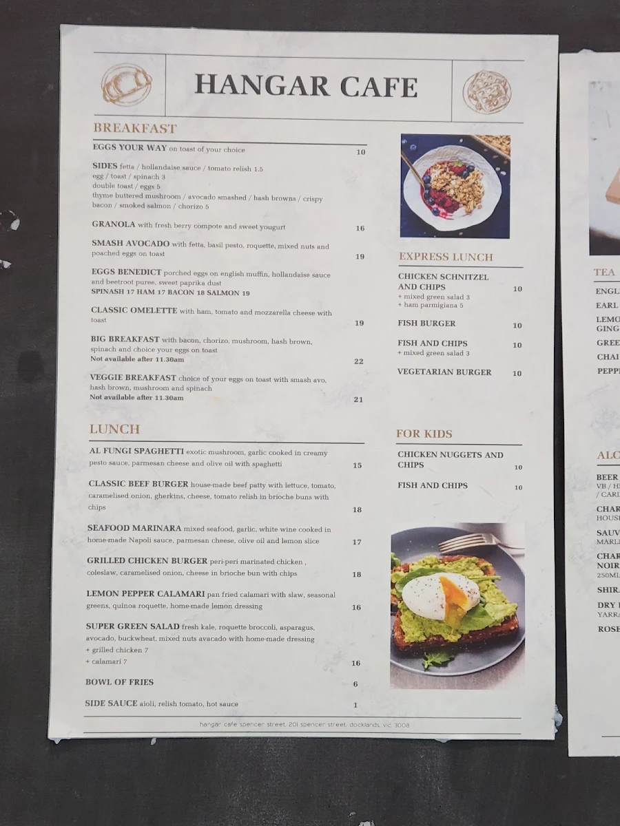 Menu, Hangar Cafe Restaurant