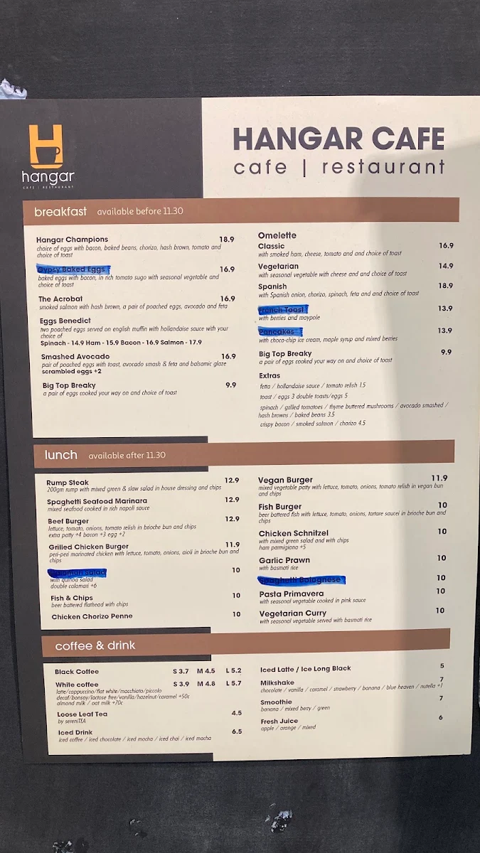 Menu, Hangar Cafe Restaurant