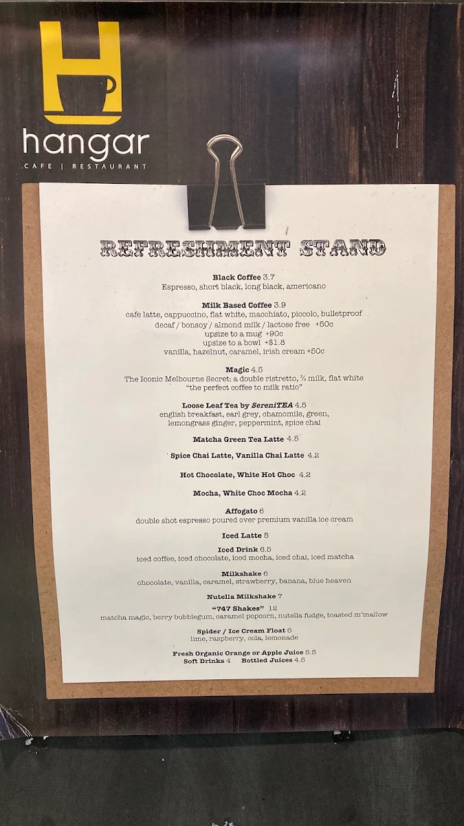 Menu, Hangar Cafe Restaurant