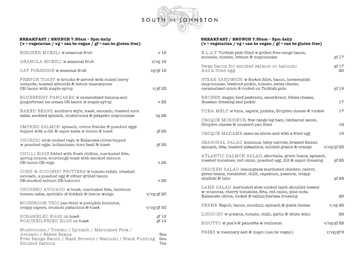 Menu, South of Johnston