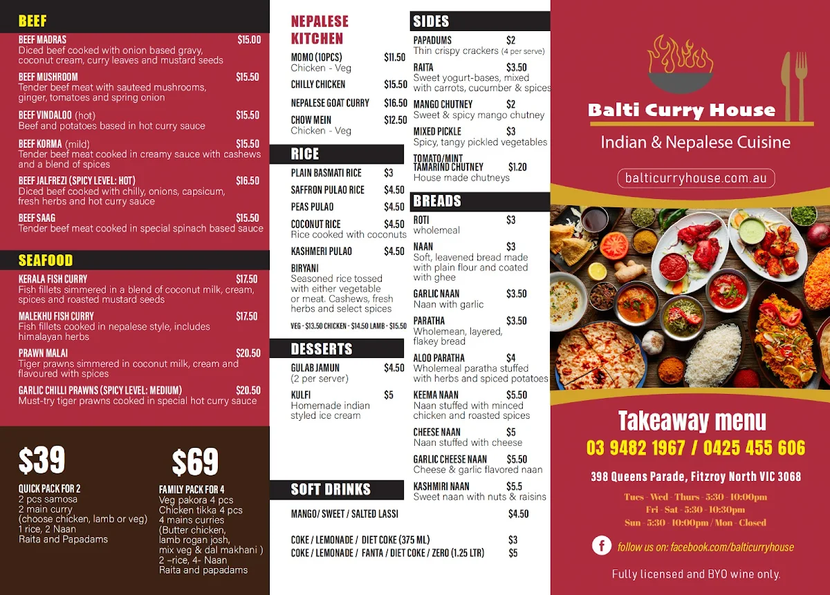 Menu, Balti Curry House
