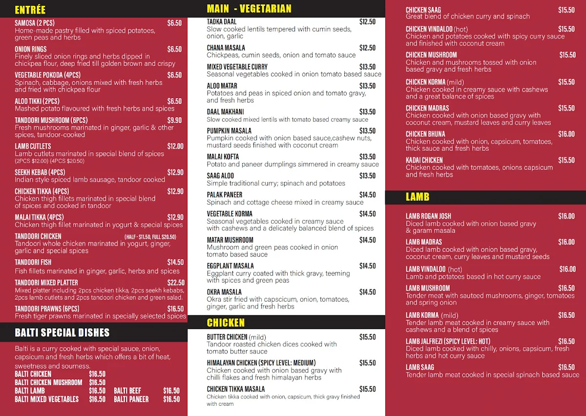 Menu, Balti Curry House