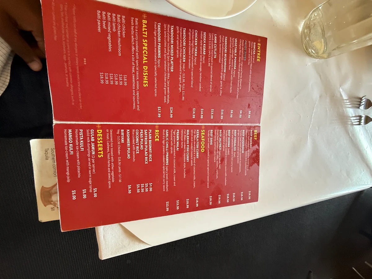 Menu, Balti Curry House