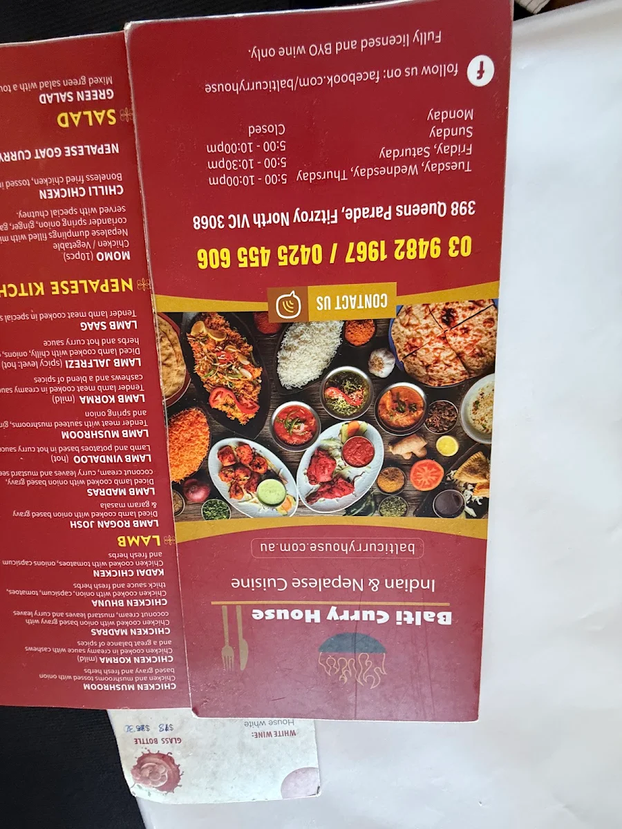 Menu, Balti Curry House