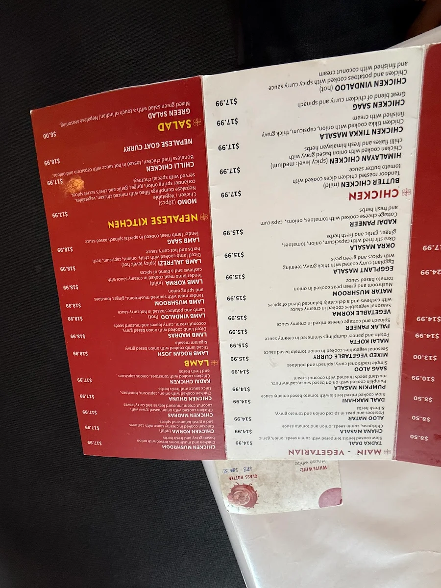 Menu, Balti Curry House