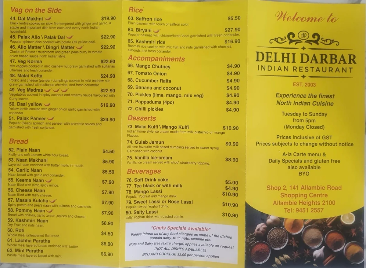 Menu, Delhi Darbar Indian Restaurant