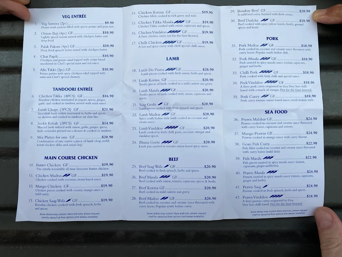 Menu, Delhi Darbar Indian Restaurant