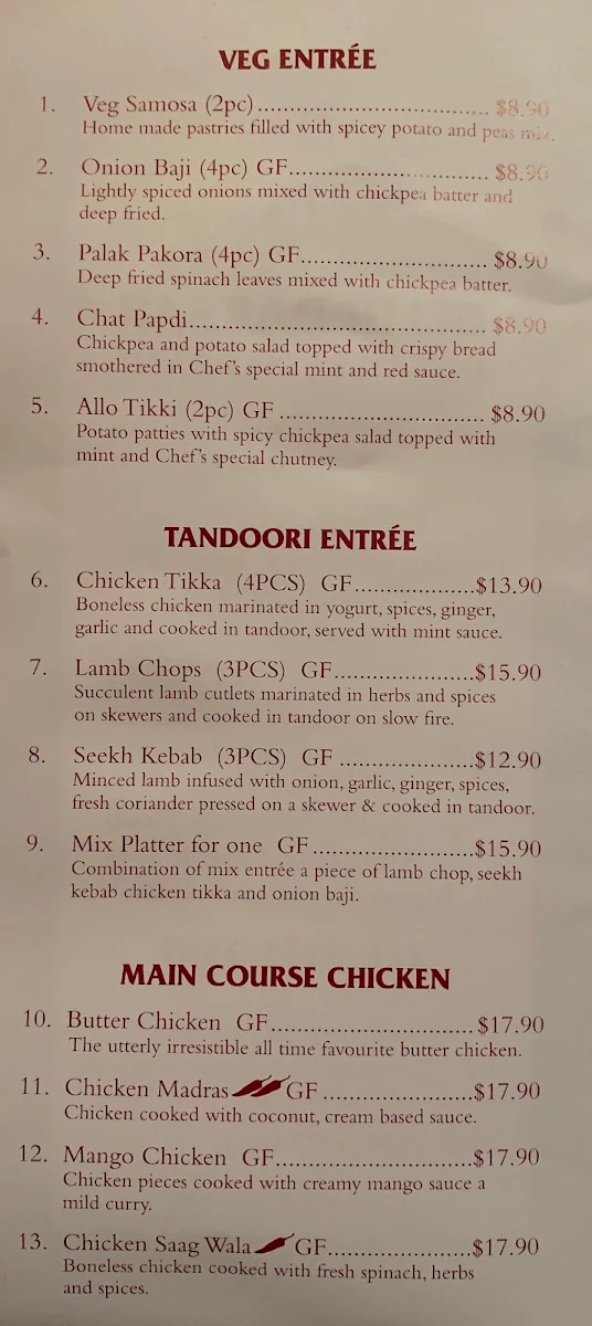 Menu, Delhi Darbar Indian Restaurant