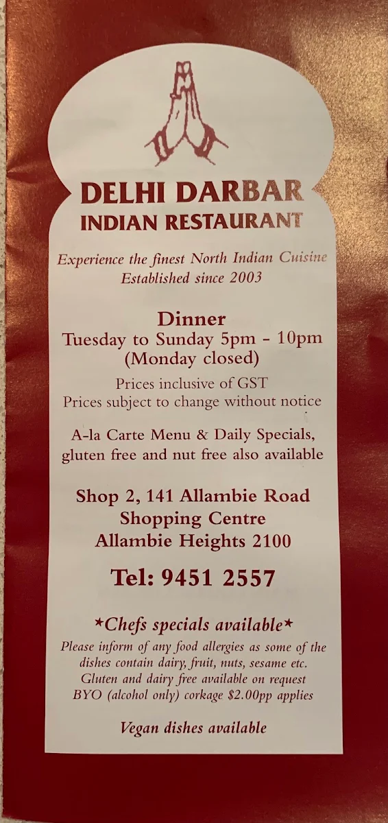 Menu, Delhi Darbar Indian Restaurant