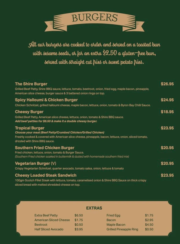 Menu, The Shire Bar & Grill