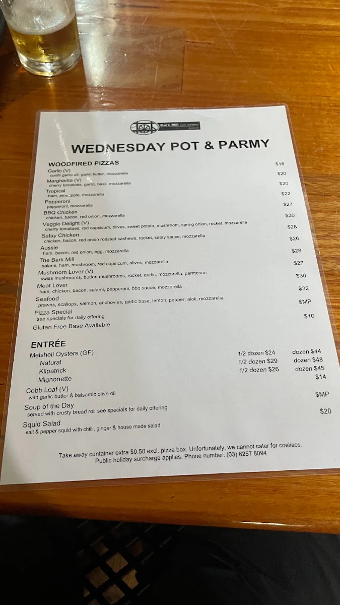 Menu, Bark Mill Tavern