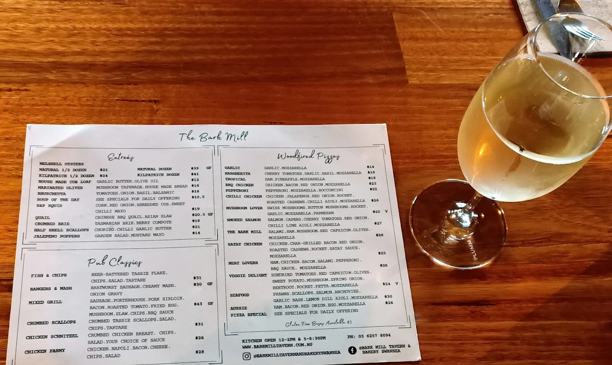 Menu, Bark Mill Tavern