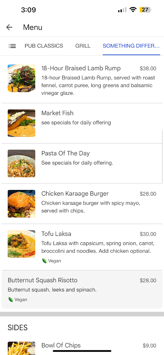 Menu, Bark Mill Tavern