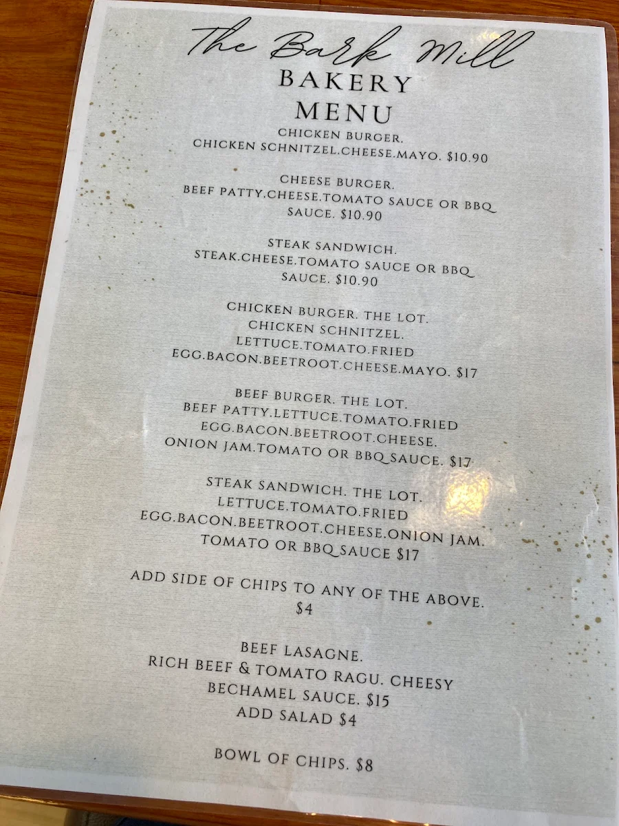 Menu, Bark Mill Tavern