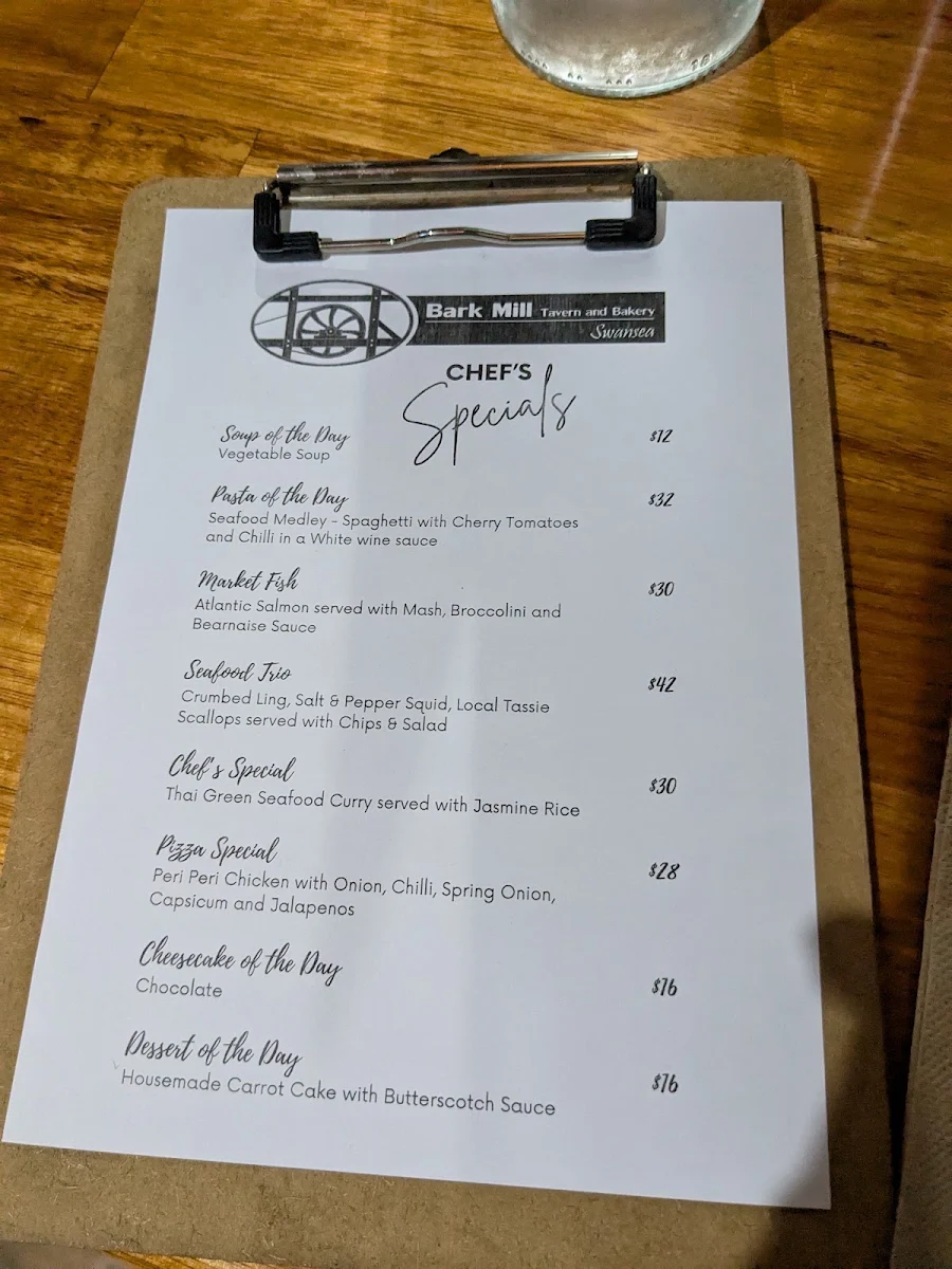 Menu, Bark Mill Tavern