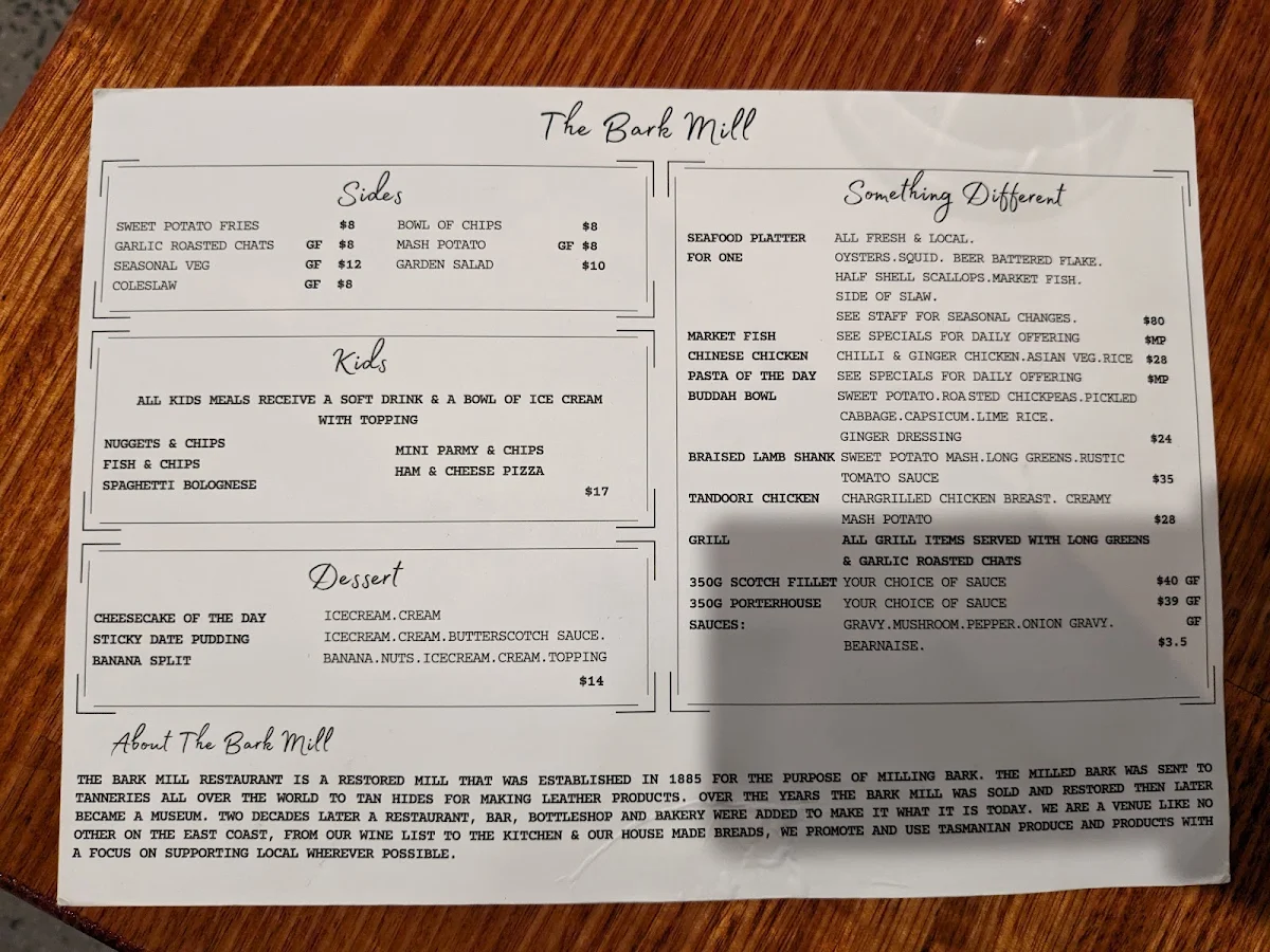Menu, Bark Mill Tavern