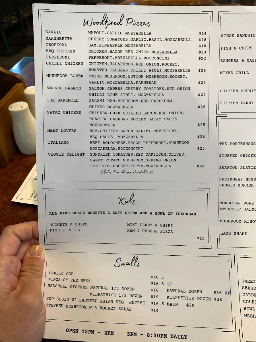 Menu, Bark Mill Tavern