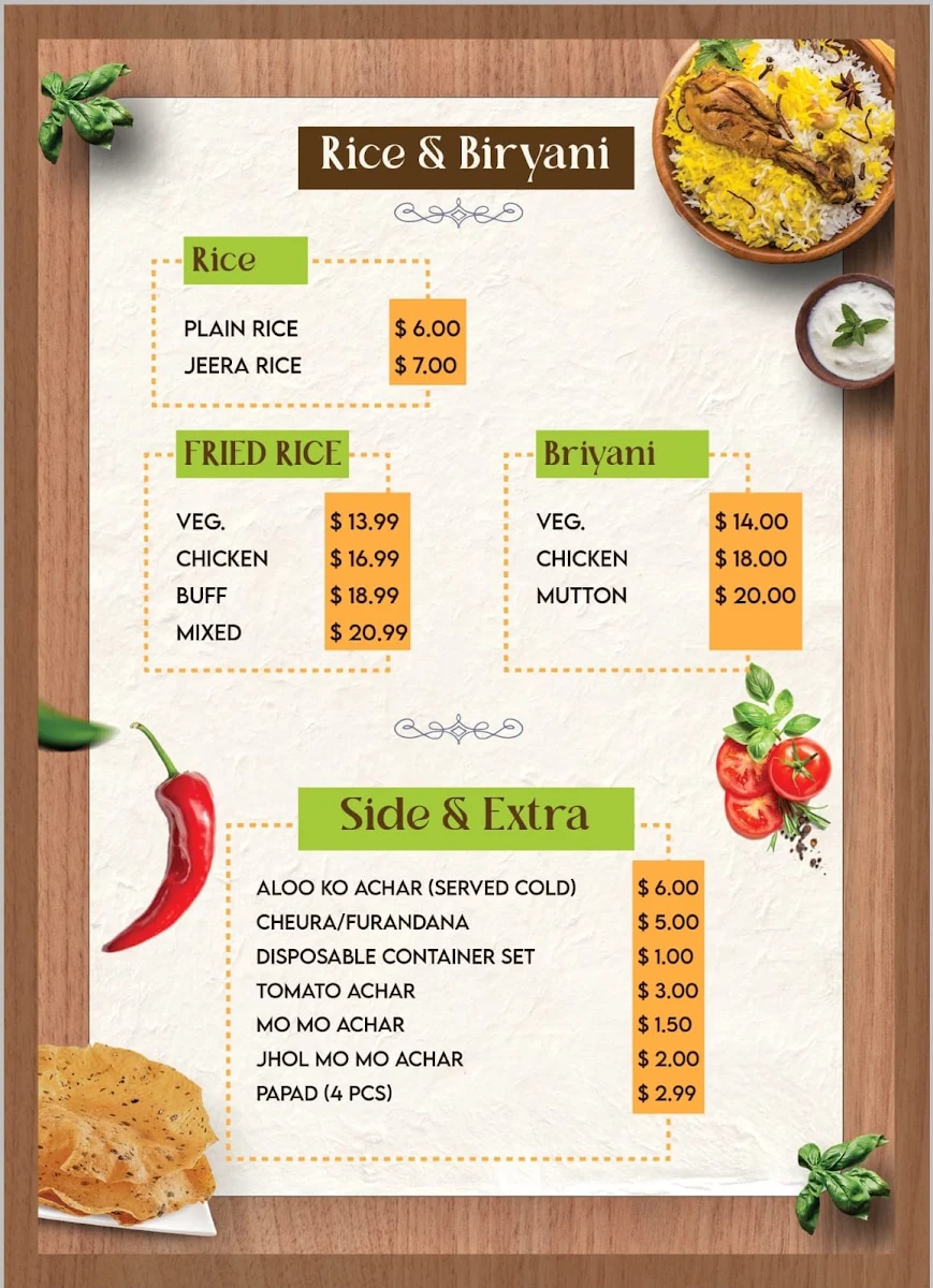 Menu, Mul Chowk Kitchen, Canberra