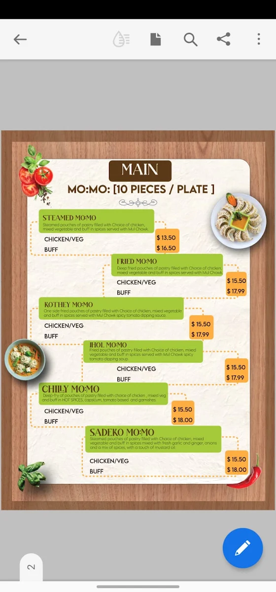 Menu, Mul Chowk Kitchen, Canberra