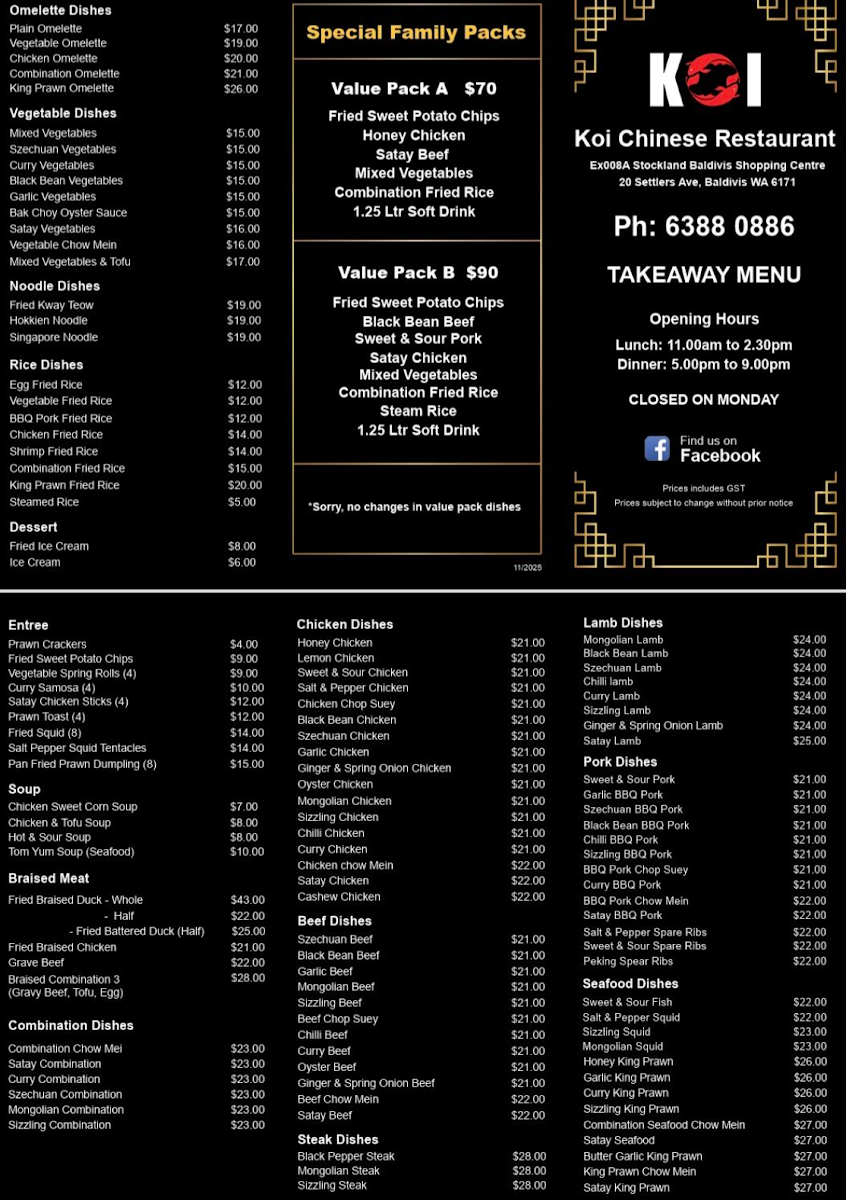 Menu, Koi Chinese Baldivis