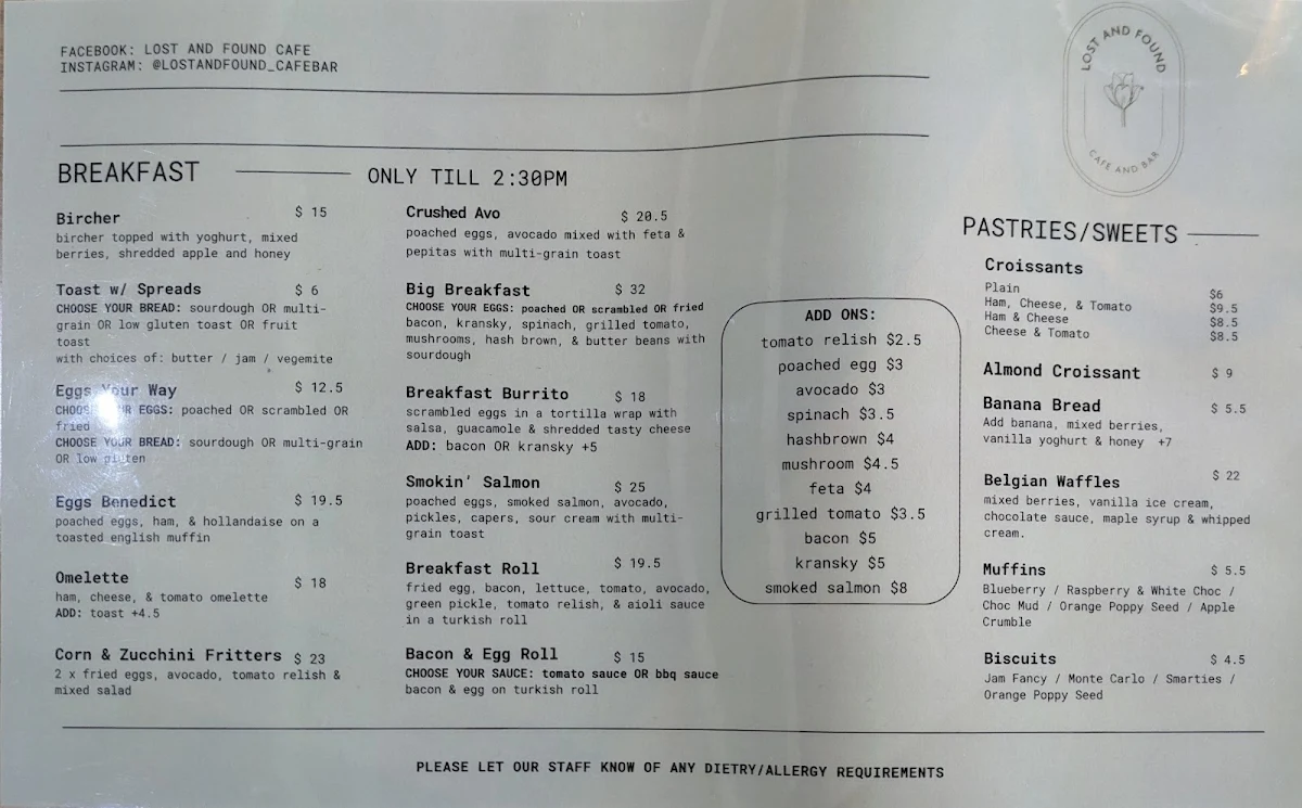 Menu, Lost and Found Cafe + Bar