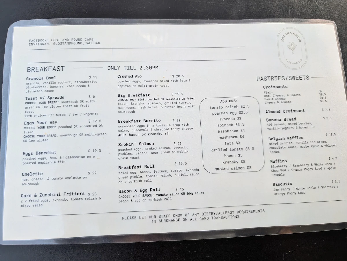 Menu, Lost and Found Cafe + Bar