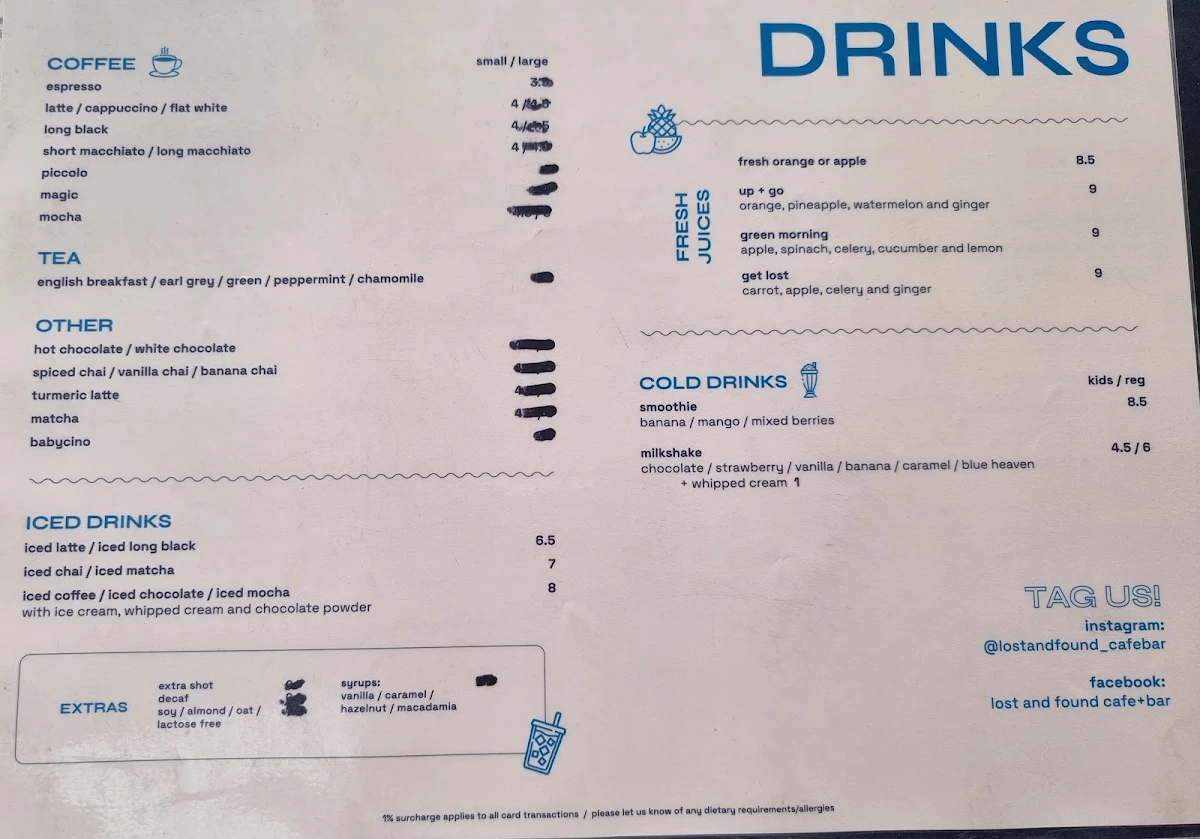 Menu, Lost and Found Cafe + Bar