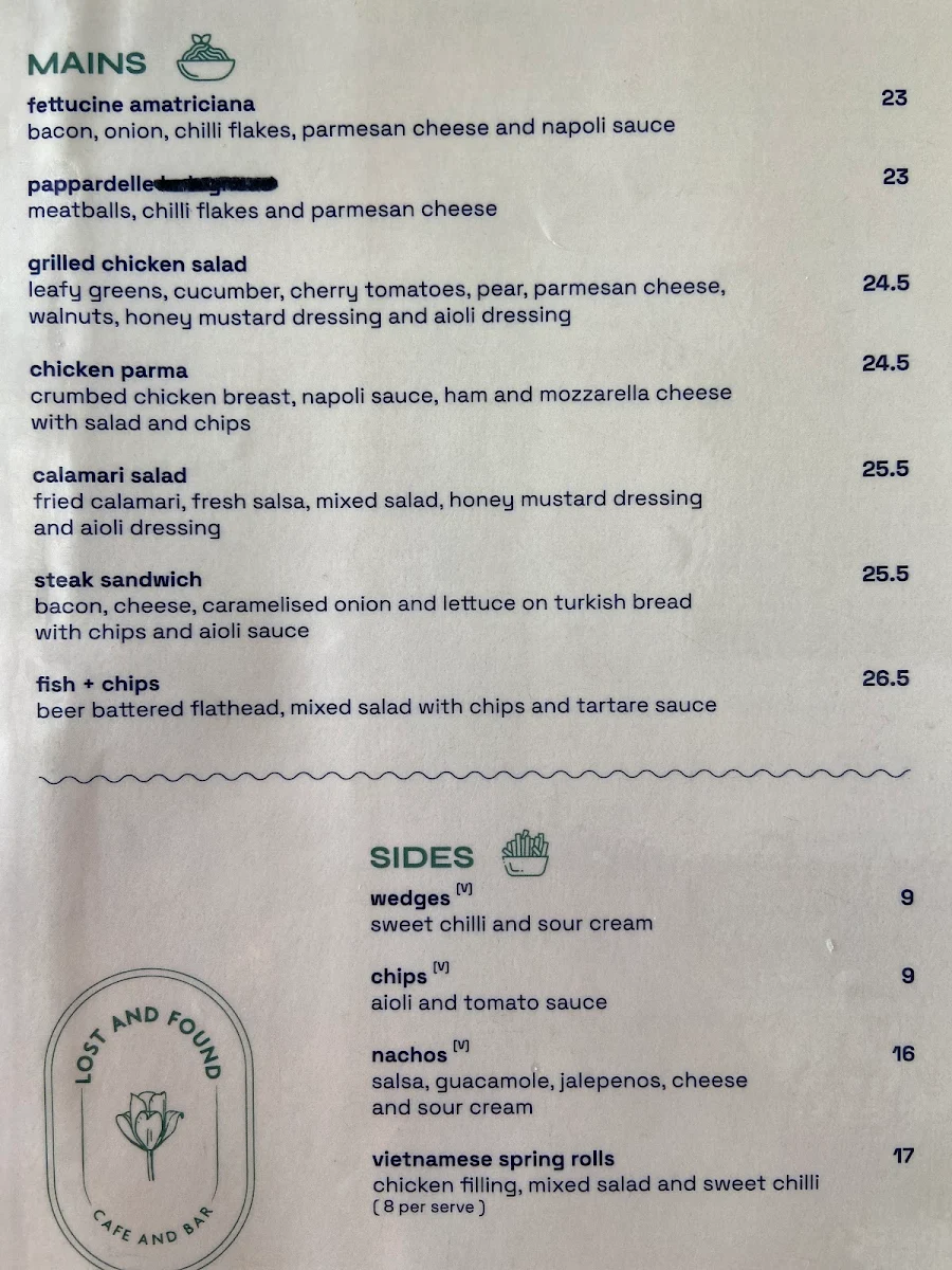 Menu, Lost and Found Cafe + Bar