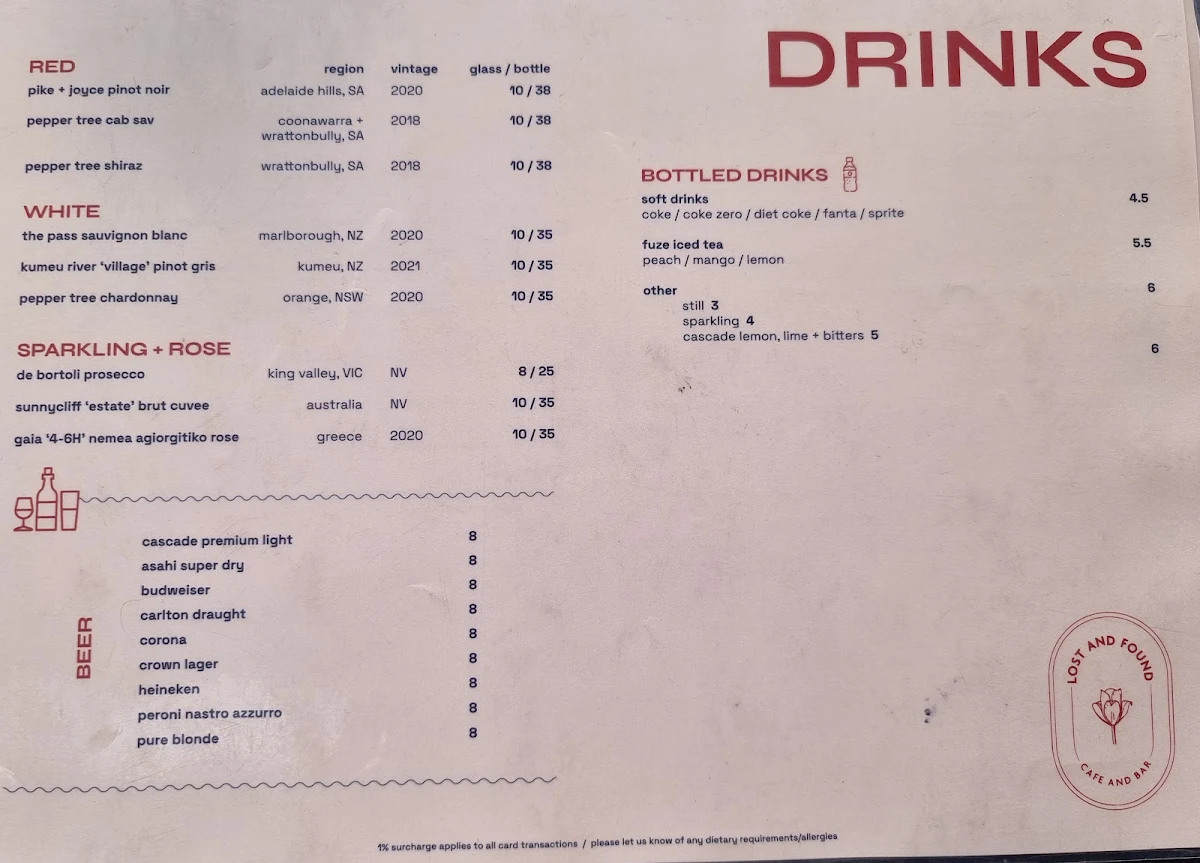 Menu, Lost and Found Cafe + Bar