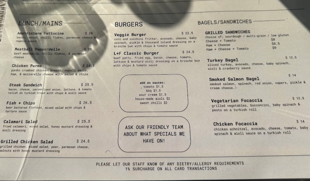 Menu, Lost and Found Cafe + Bar