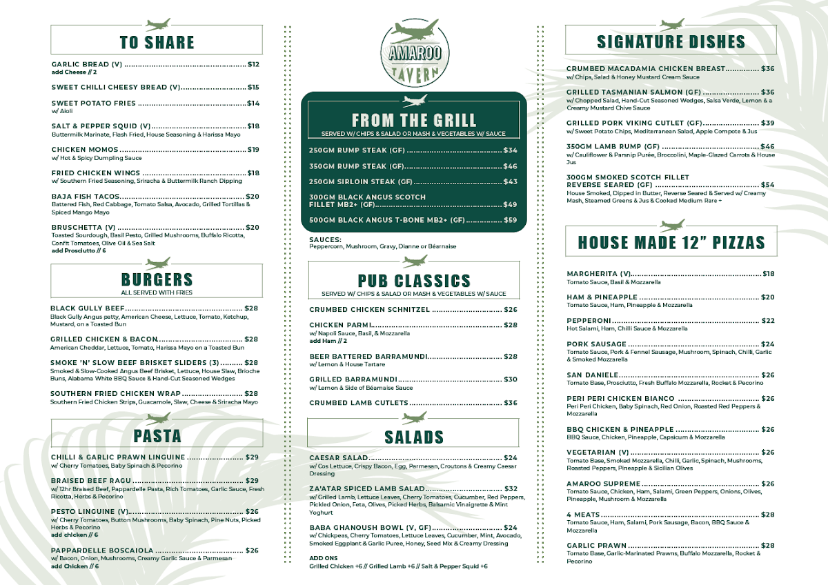 Menu, Amaroo Tavern