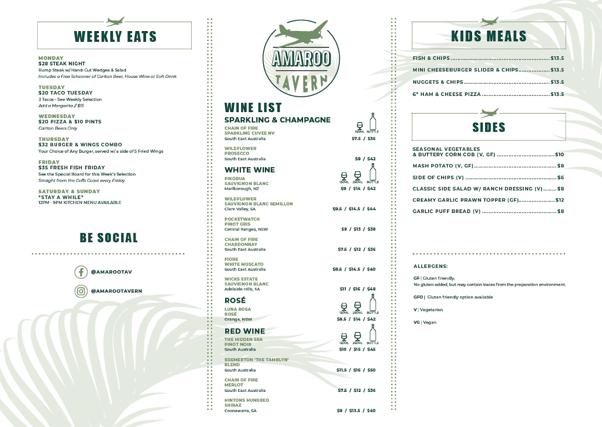 Menu, Amaroo Tavern