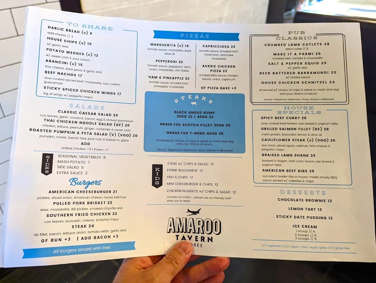 Menu, Amaroo Tavern