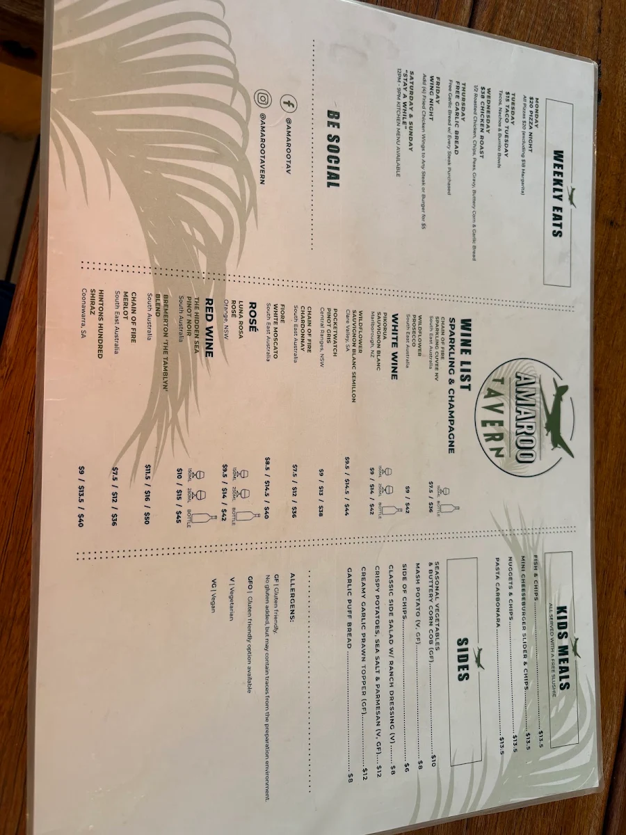 Menu, Amaroo Tavern