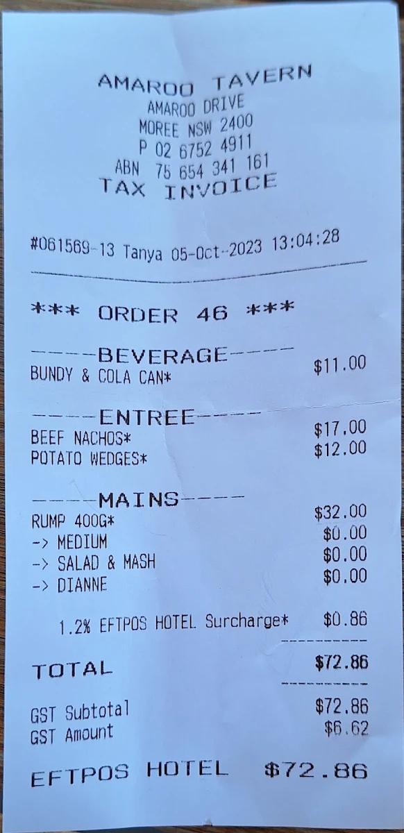 Menu, Amaroo Tavern