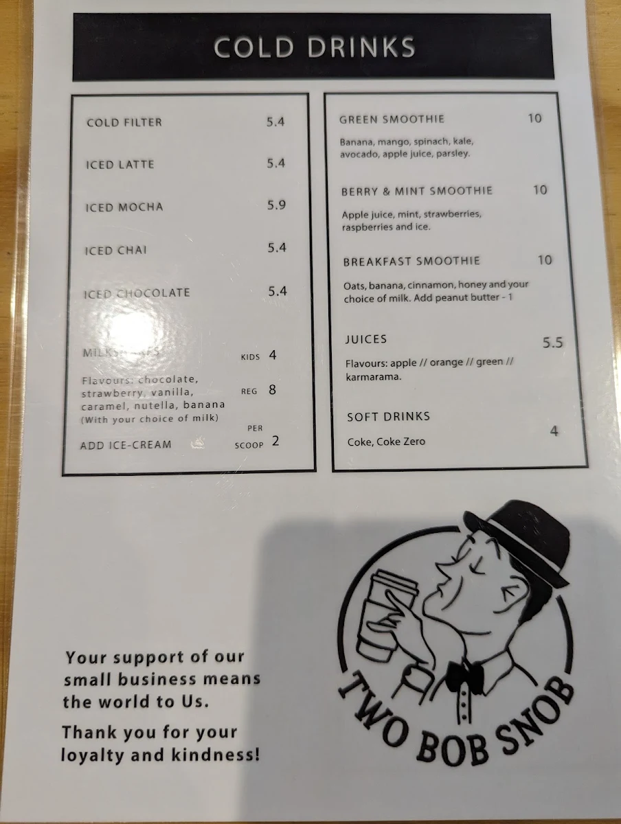 Menu, Two Bob Snob