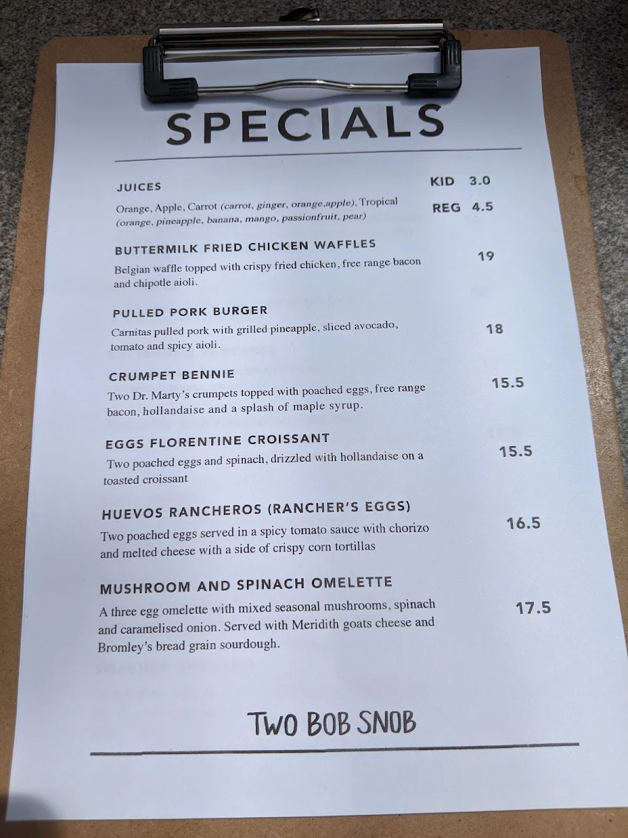 Menu, Two Bob Snob