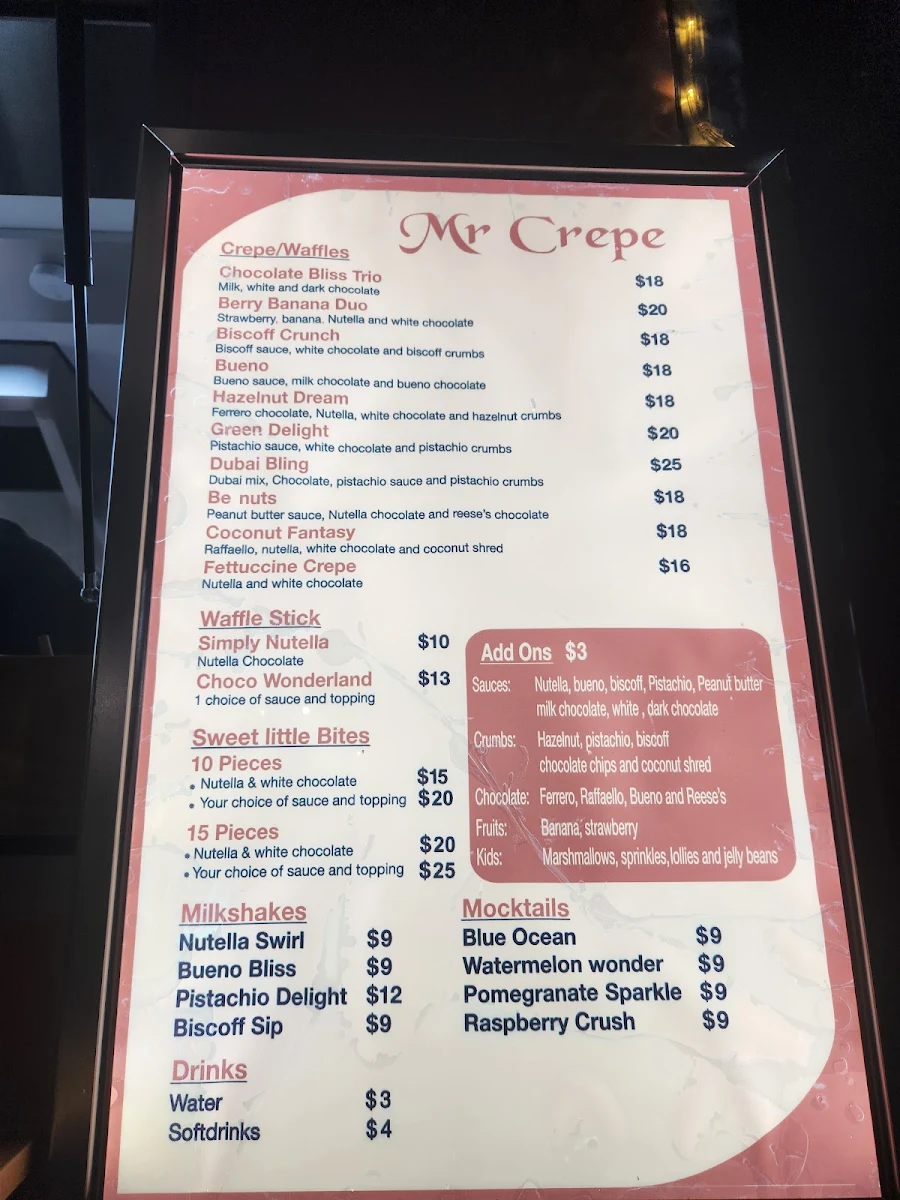 Menu, Mr Crepe Sydney