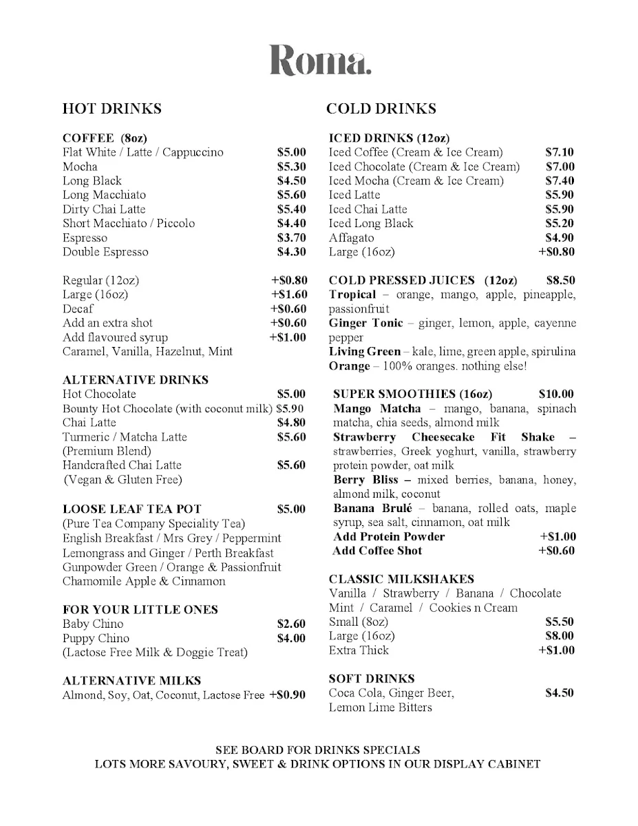 Menu, Roma Republic Kinross